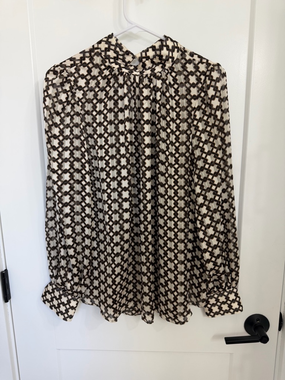 H&M Cream and Brown Geometric Long-Sleeve Blouse